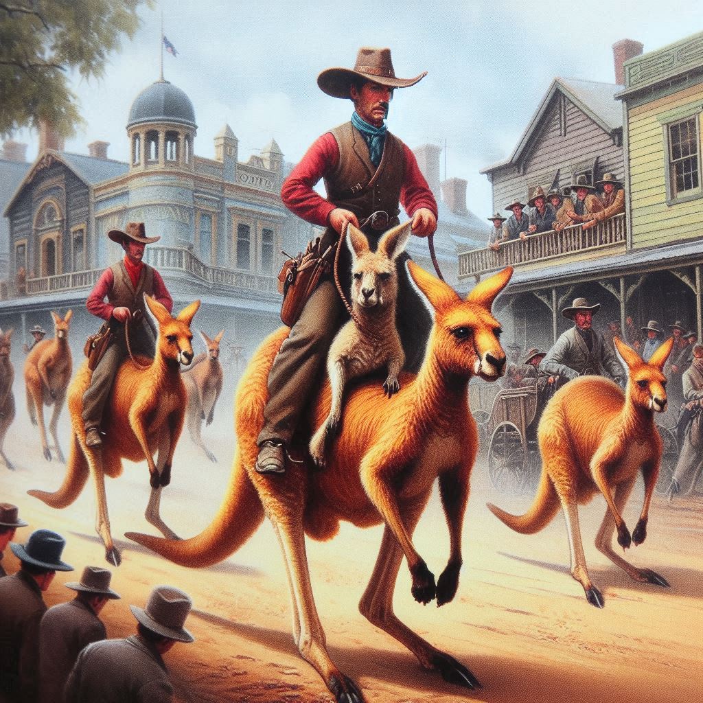 men riding kangaroos through a western town book cover